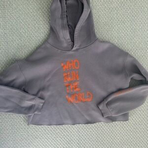 Gray Cropped Hoodie with Orange Text